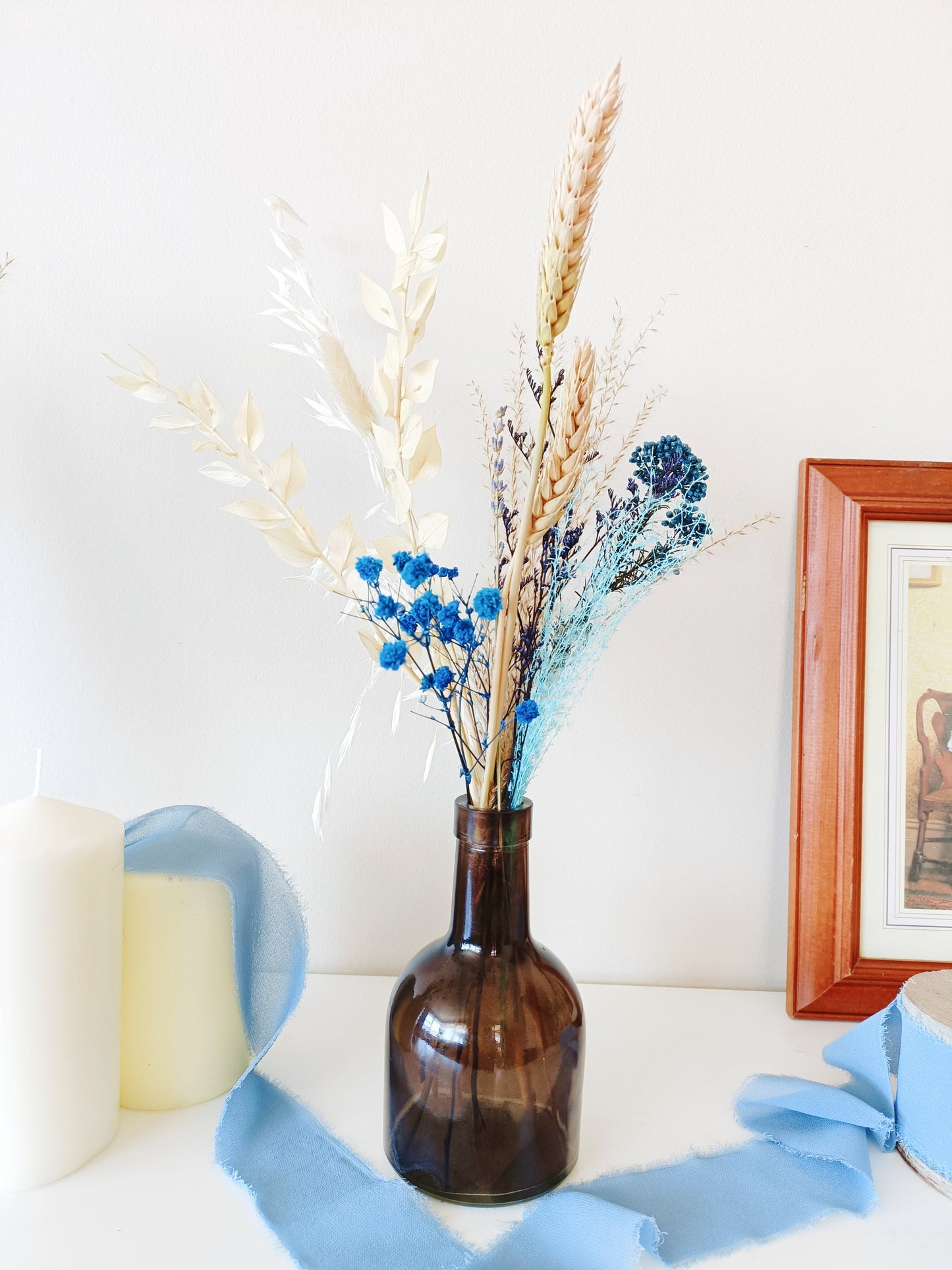 Dried Small Teal & Orange Table Decor , Boho Rustic Wedding Flowers