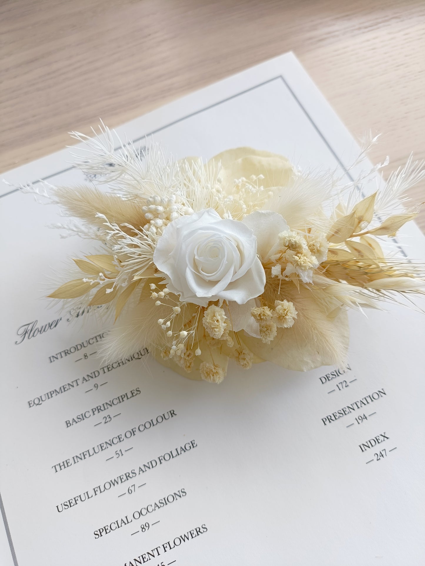 Wedding wrist corsage in ivory tones