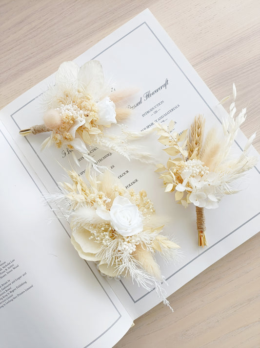 Wedding wrist corsage in ivory tones