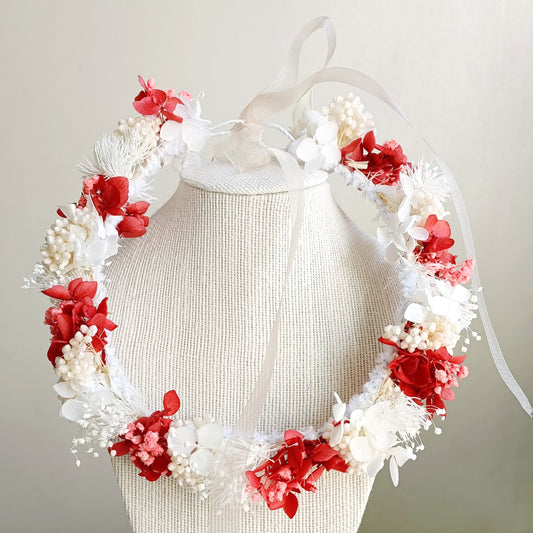 Dried Floral Crown | White & Dusty Red Crown