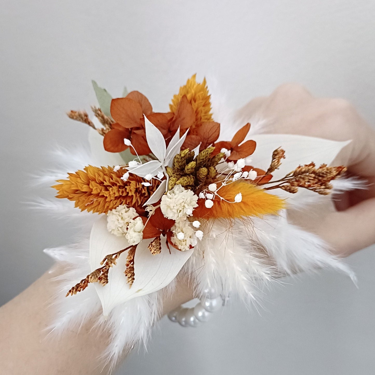 Wedding Wrist Corsage - Burnt Orange, Ivory & Natural Tones