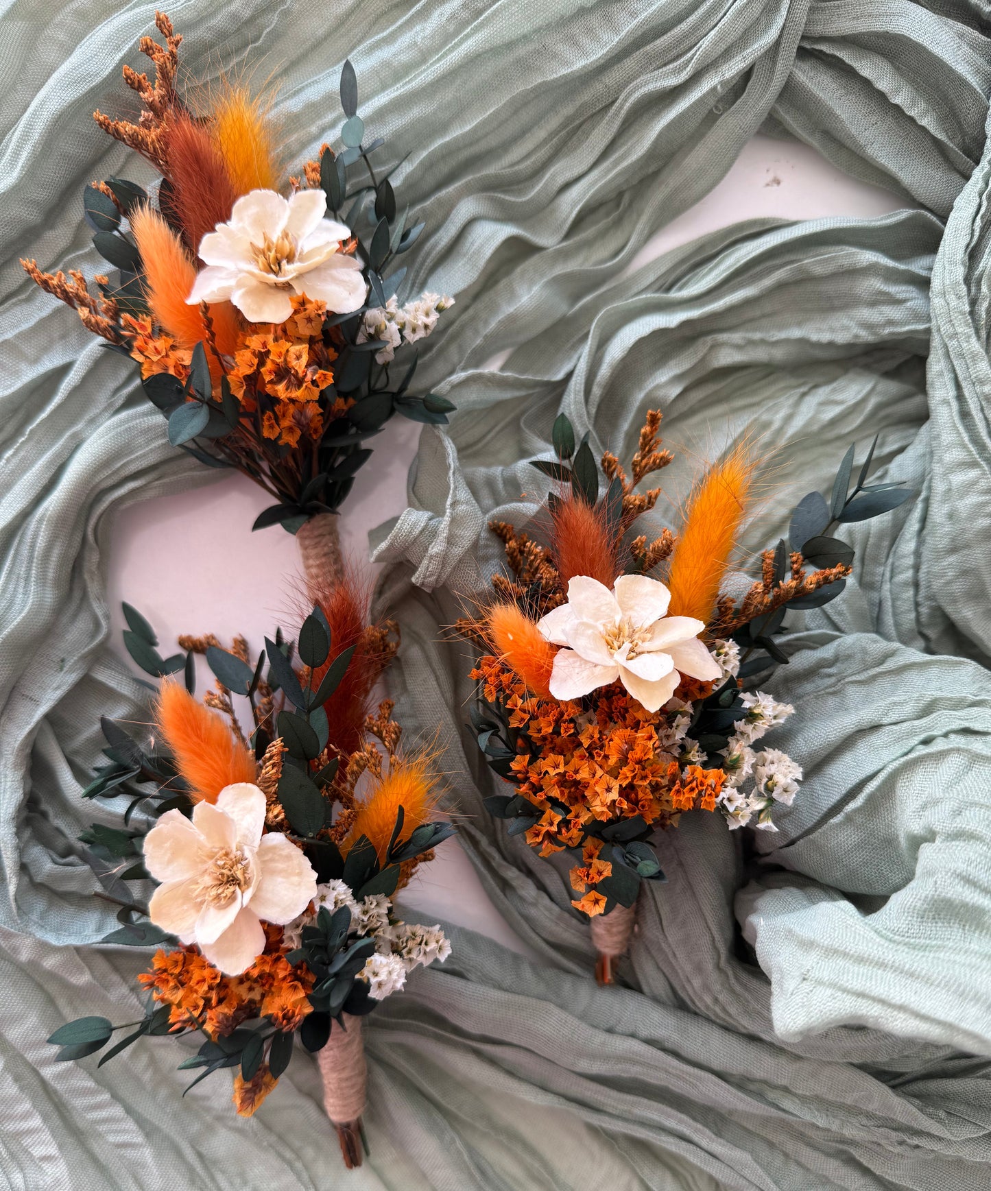 rustic wedding boutonnieres with orange, cream and greenery dried flowers, boho groom accessories