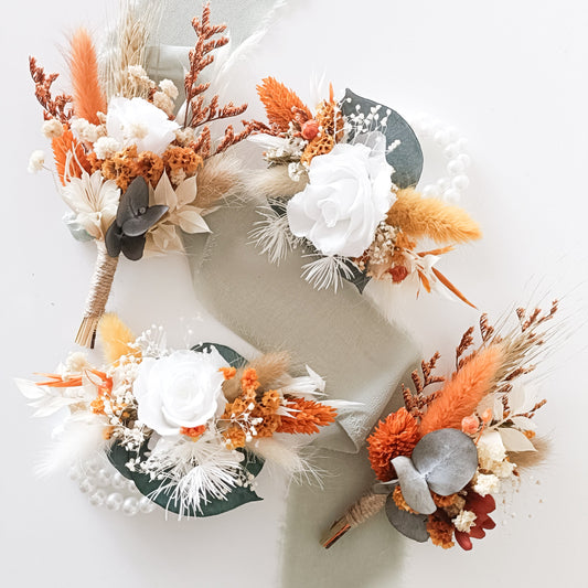 Mini bouquet or boutonniere and wrist corsage made with preserved bunny tails, strawflowers, eucalyptus and orange accents — perfect match to bridal bouquet