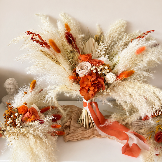 Terracotta pampas dried flower bouquet with preserved roses and burnt orange accents