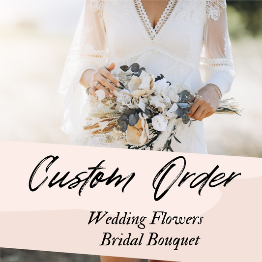 Bride holding a bridal bouquet with text overlay 'Custom Order Wedding Flowers Bridal Bouquet'.