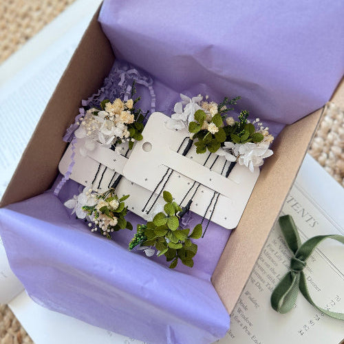 White dried flower bridal hair pins beautifully packaged in a gift box, perfect for brides, bridesmaids, and Australian boho weddings.
