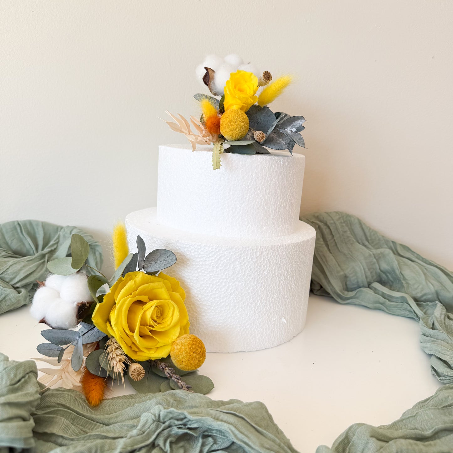 Yellow dried flower cake topper with sola rose, eucalyptus and cotton accents – rustic boho wedding cake decoration handmade in Australia