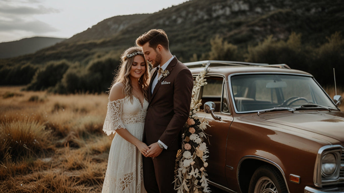 Boho elopement wedding couple standing beside a vintage brown car in a scenic mountain field, bride wearing a lace dress and flower crown, dried flower arrangement attached to the car.