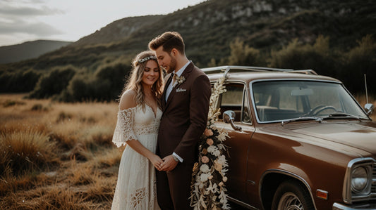 Boho elopement wedding couple standing beside a vintage brown car in a scenic mountain field, bride wearing a lace dress and flower crown, dried flower arrangement attached to the car.