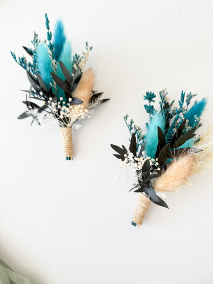 Teal and White Dried Flower Wedding Bouquet | Elegant Rustic Bridal Arrangement