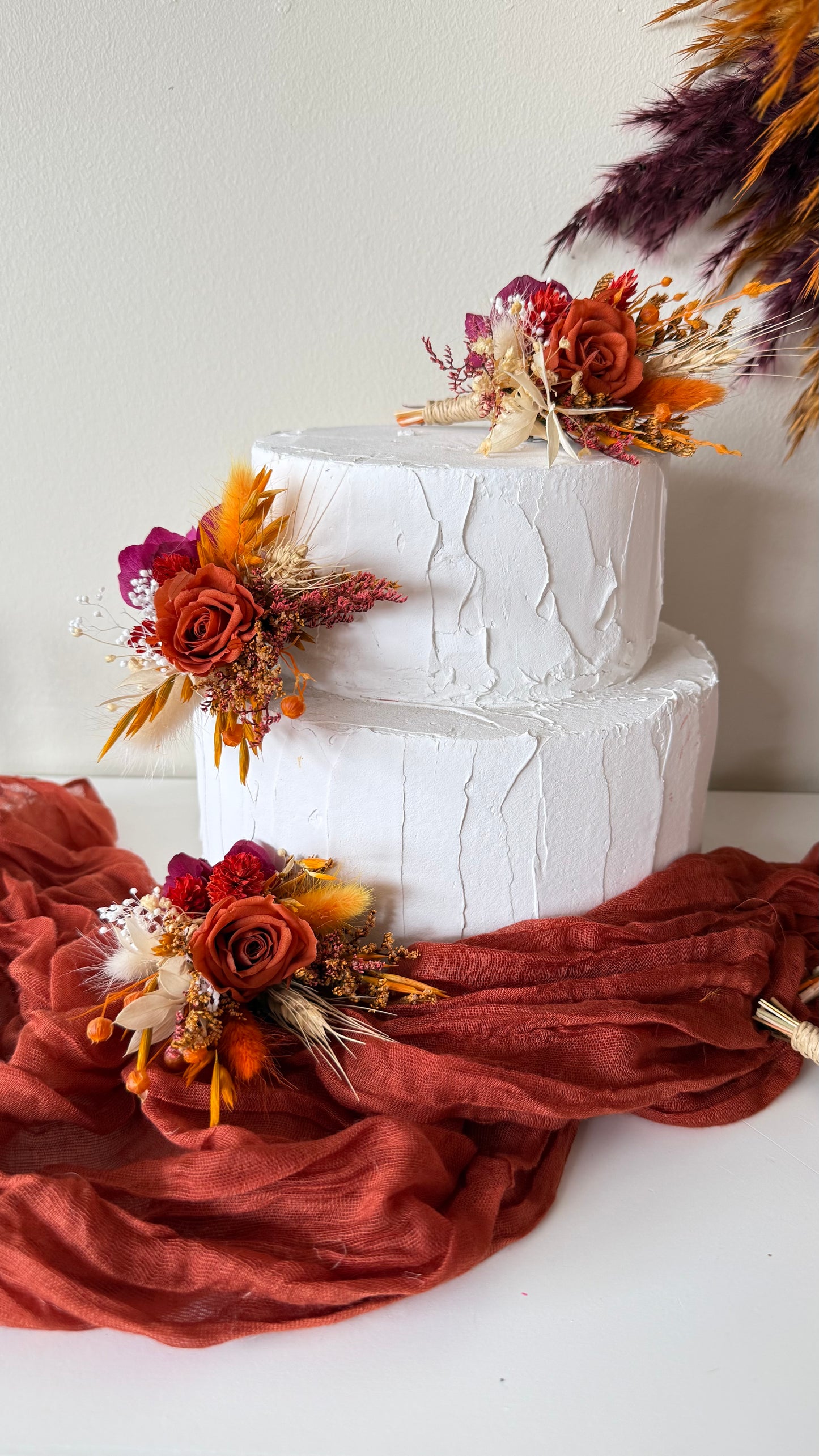 Autumn Burgundy & Ivory Preserved Roses Bouquet with Sunflower