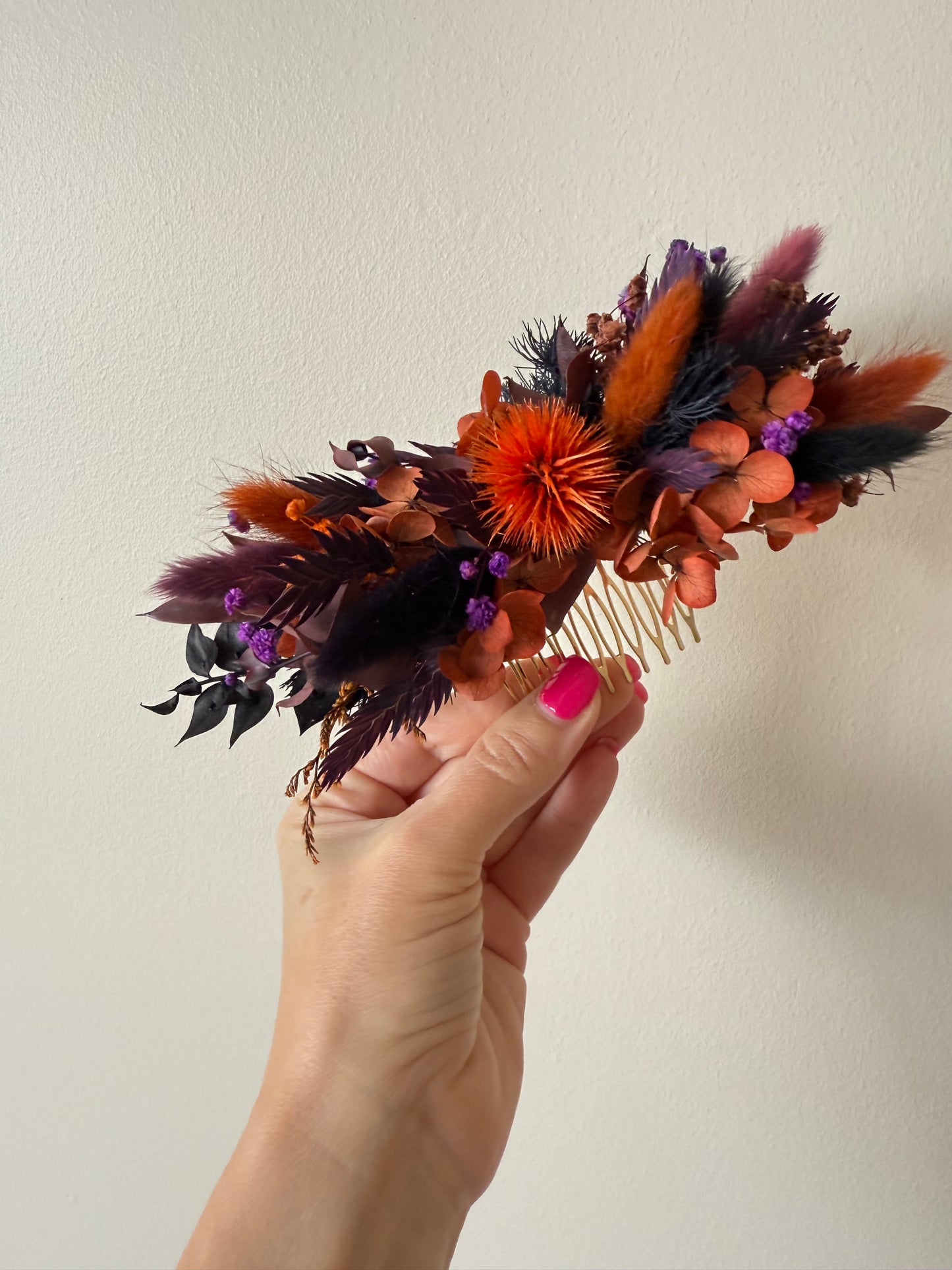 Burnt Orange & Plum Dried Flower Hair Comb