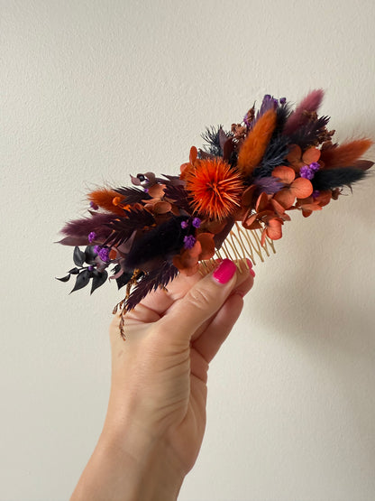Burnt Orange & Plum Dried Flower Hair Comb