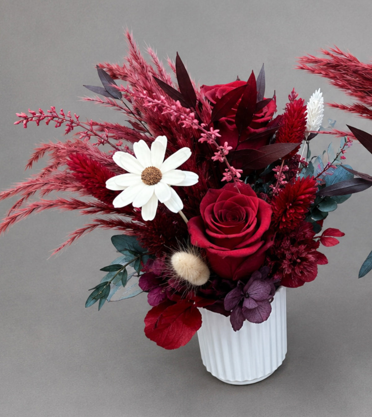 Dried Flower Arrangement in Deep Red and Burgundy Tones