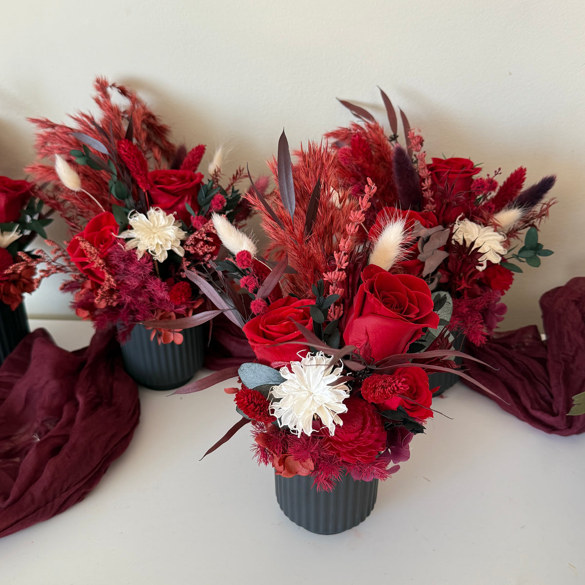 Dried Flower Arrangement in Deep Red and Burgundy Tones
