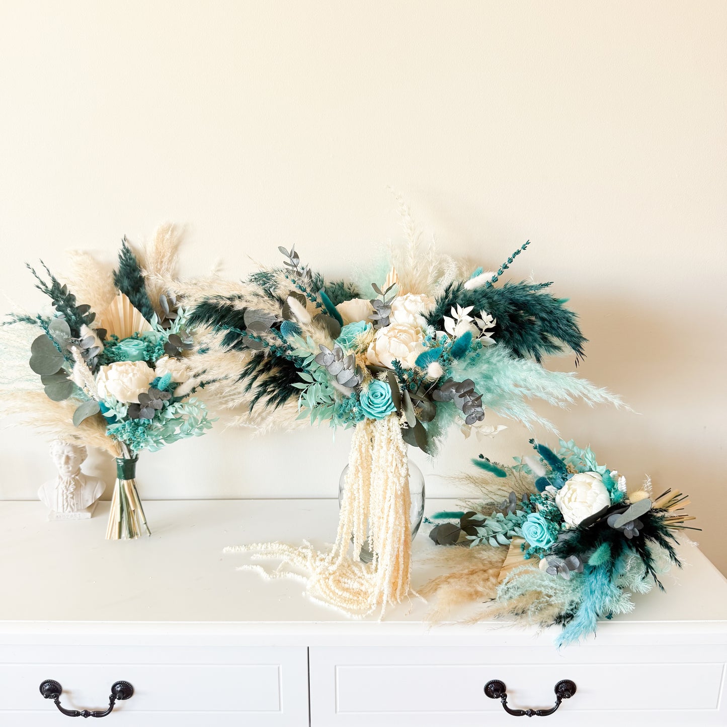 Teal and Aqua Boho Bridal Bouquet with Sola Peony and Rose