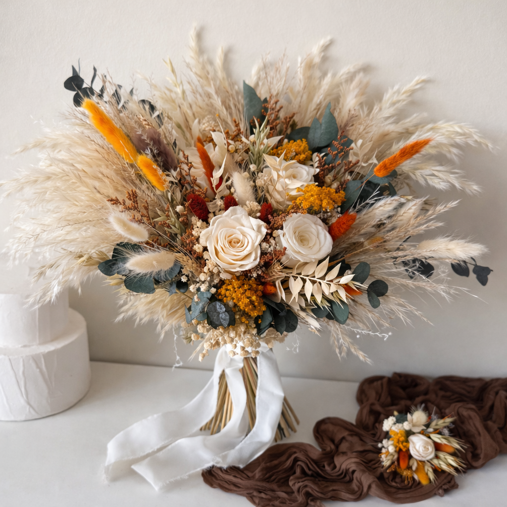 Rustic Bridal Bouquet | Eucalyptus with White & Neutral Roses