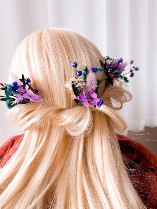 Dried Flower Hair Pins – Purple & Teal Wedding Hair Accessories
