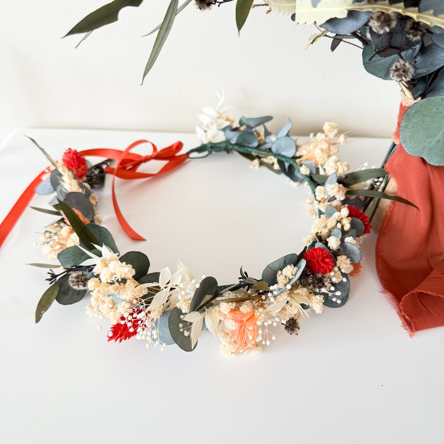 Boho Dried Floral Crown - Terracotta & White