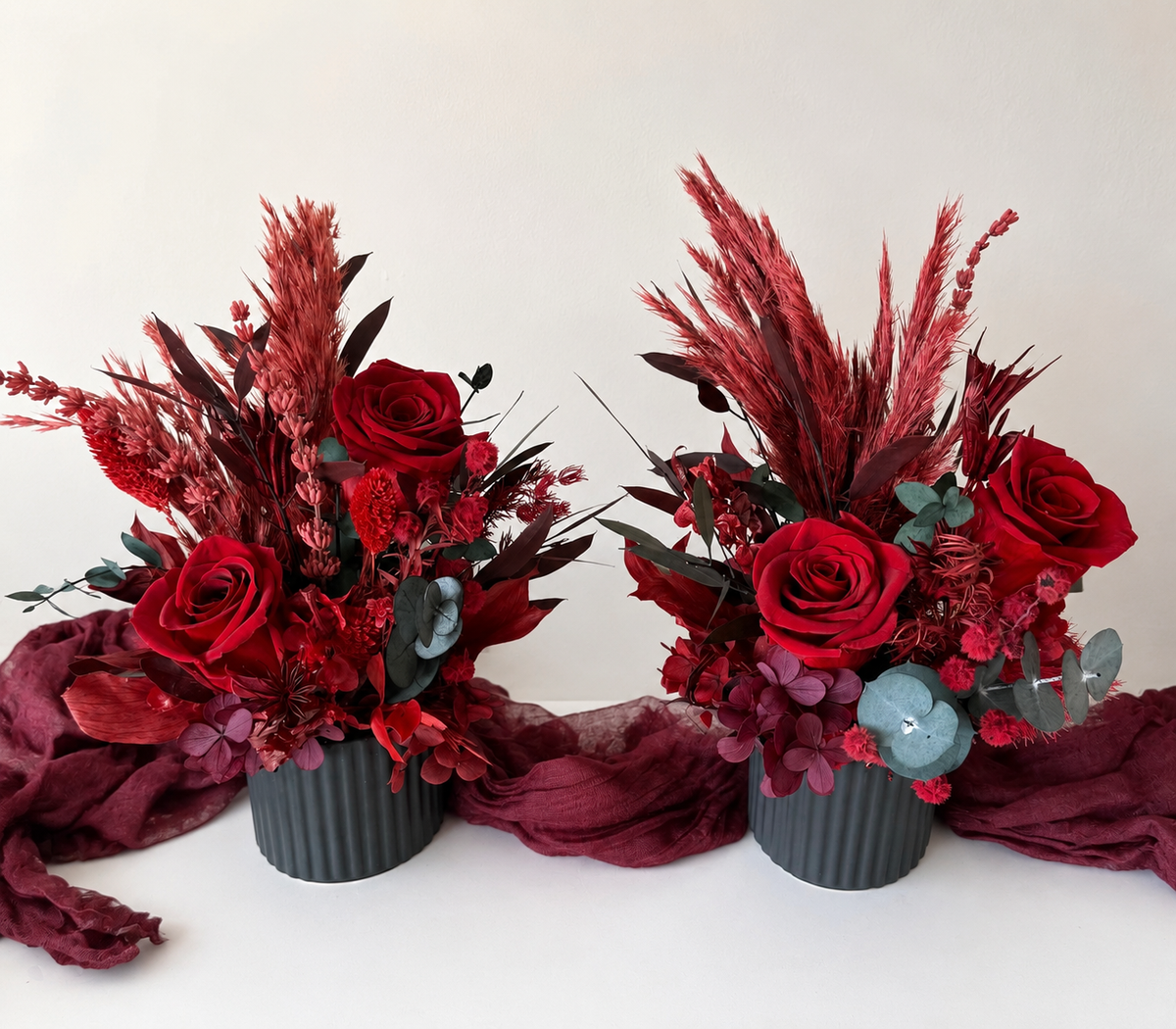 Dried Flower Arrangement in Deep Red and Burgundy Tones