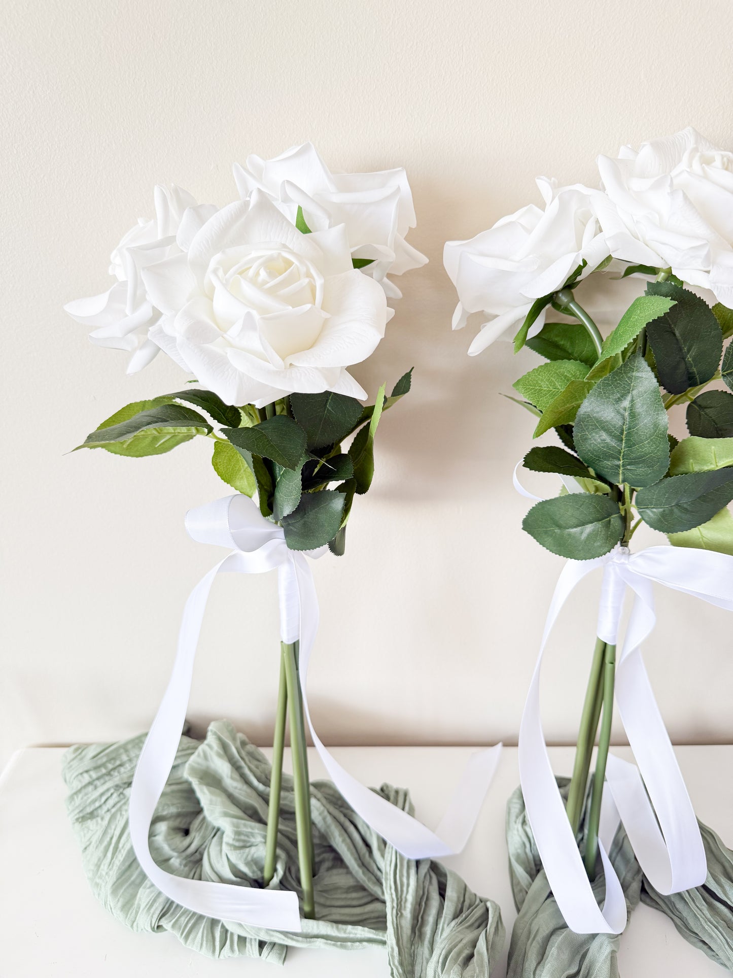 White Silk Rose Bridal Bouquet, Classic Modern Real-Touch Reflex Roses