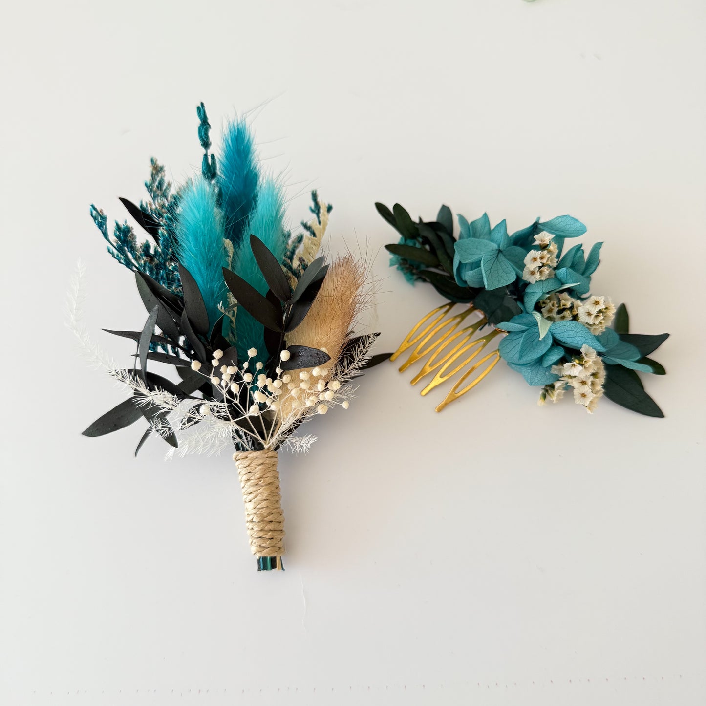 Teal and White Dried Flower Wedding Bouquet | Elegant Rustic Bridal Arrangement