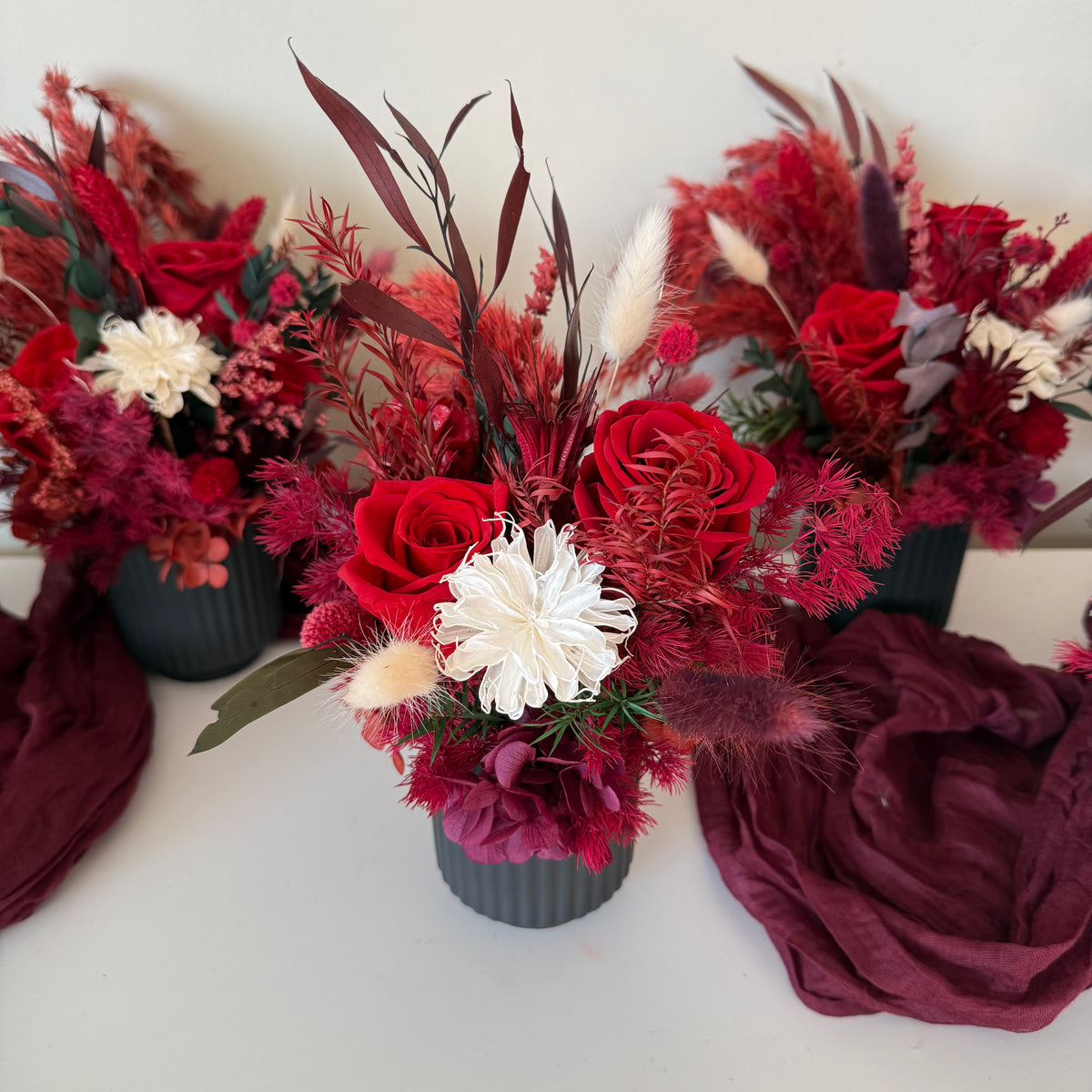 Dried Flower Arrangement in Deep Red and Burgundy Tones