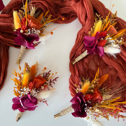 Autumn Burgundy & Ivory Preserved Roses Bouquet with Sunflower