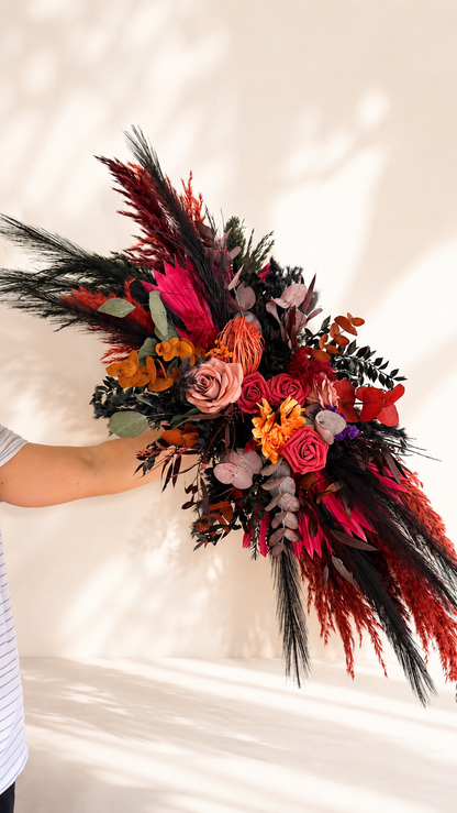 Gothic Skull Wedding Bouquet – Burgundy & Black Dried Bridal Bouquet, Alternative Boho Wedding Flowers