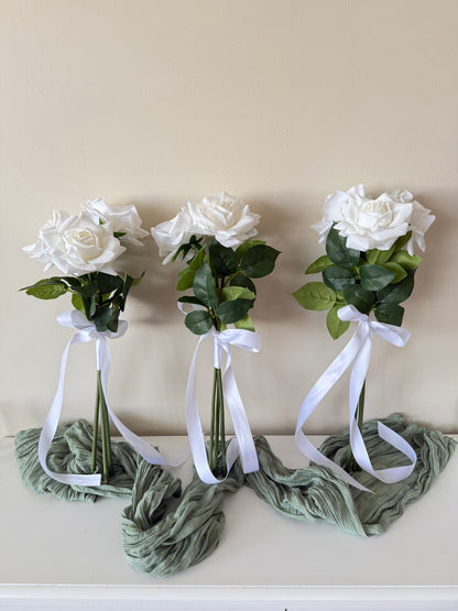 White Silk Rose Bridal Bouquet, Classic Modern Real-Touch Reflex Roses