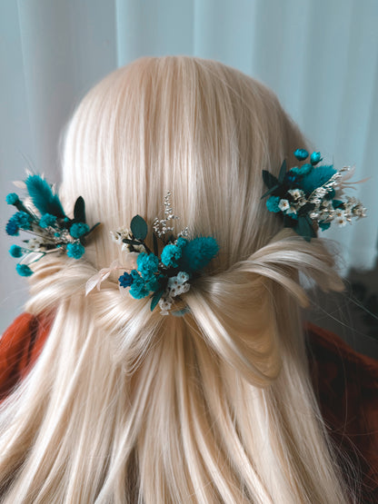 Dried Flower Hair Pins – Teal & White Preserved Floral Set