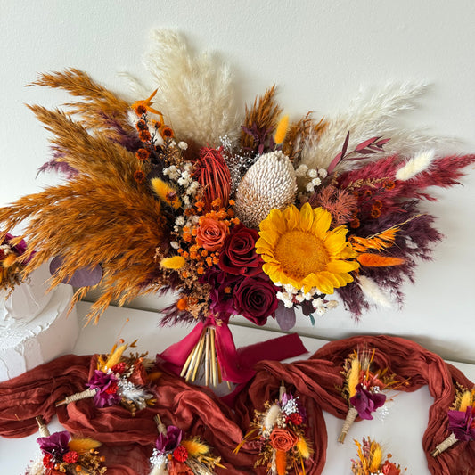 Autumn Burgundy & Ivory Preserved Roses Bouquet with Sunflower