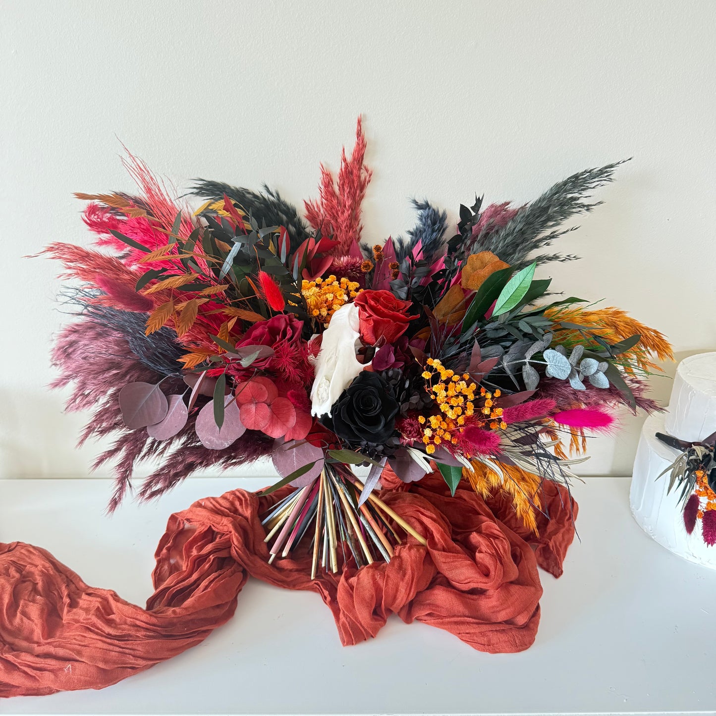 Gothic Skull Bridal Bouquet, Burgundy Black Dried Wedding Flowers, Alternative Boho Dark Romance Bride