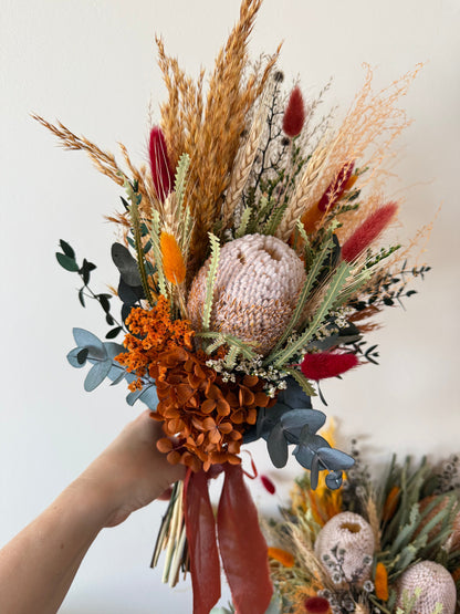 Australian Native Bridal Bouquet, Bridesmaid Bouquets and Cake Flowers with Banksia and Preserved Eucalyptus