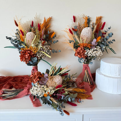 Australian Native Wedding Flower Collection featuring bridal bouquet, bridesmaid bouquets and cake flowers