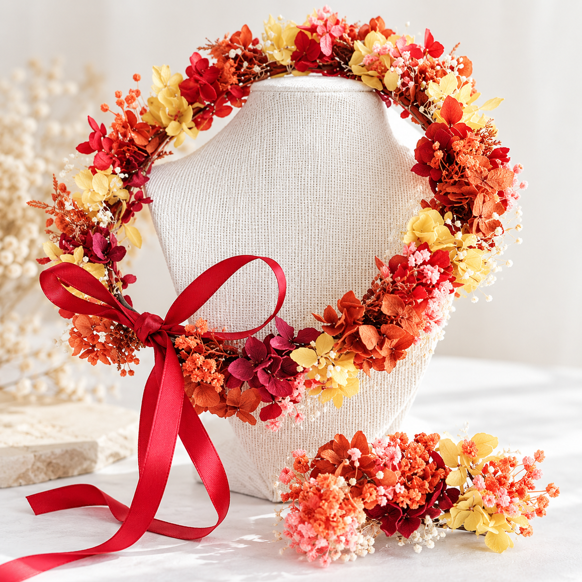 A floral headband and matching headpiece displayed on a cream fabric mannequin bust. The headband is decorated with dried-style flowers in red, orange, yellow, and pink tones and tied with a large red ribbon.