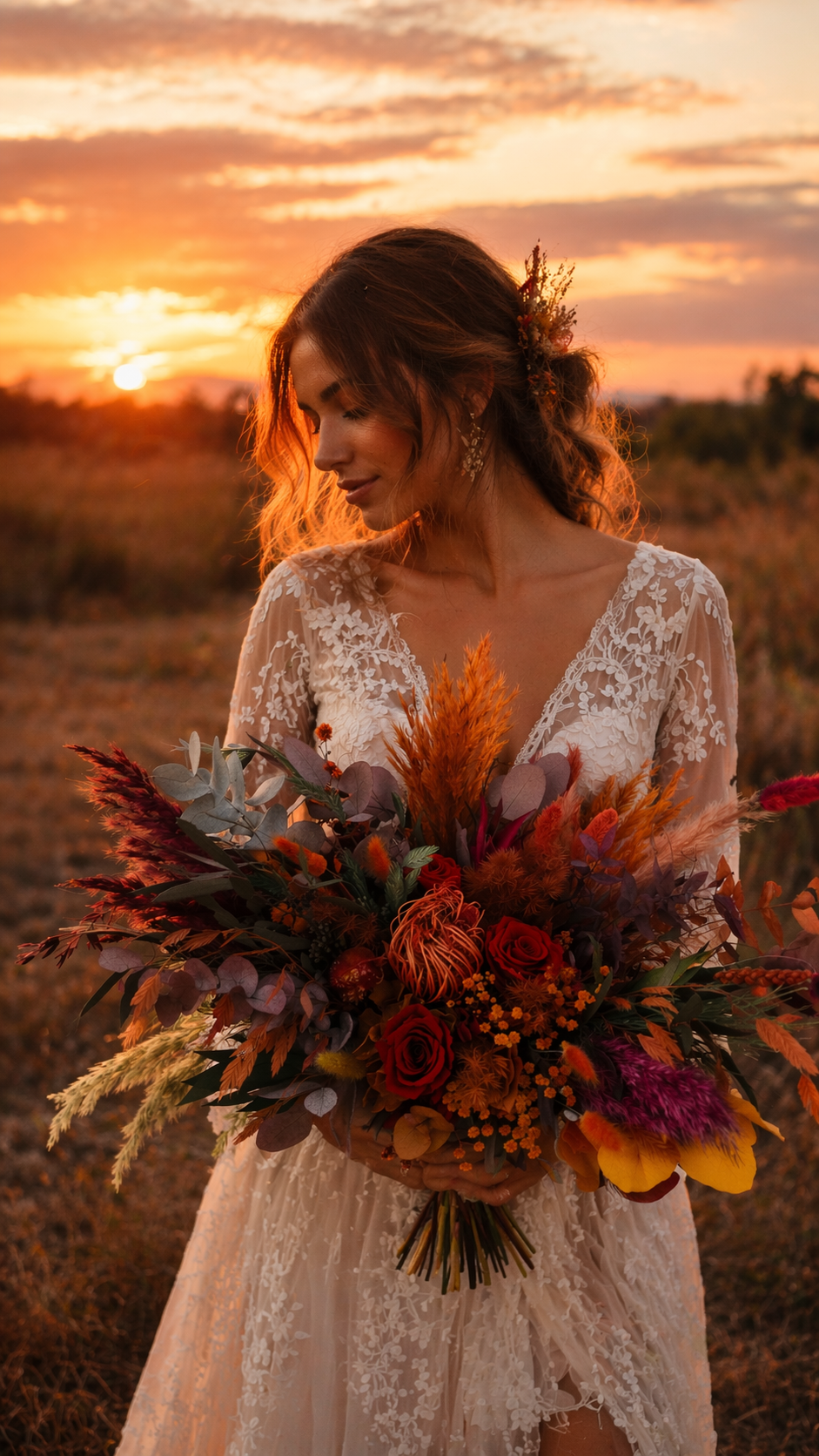 Autumn wedding flower collection featuring sunflowers, terracotta roses, burnt orange florals and preserved foliage in warm sunset tones