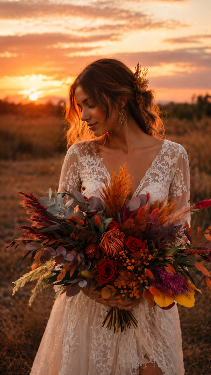 Autumn wedding flower collection featuring sunflowers, terracotta roses, burnt orange florals and preserved foliage in warm sunset tones