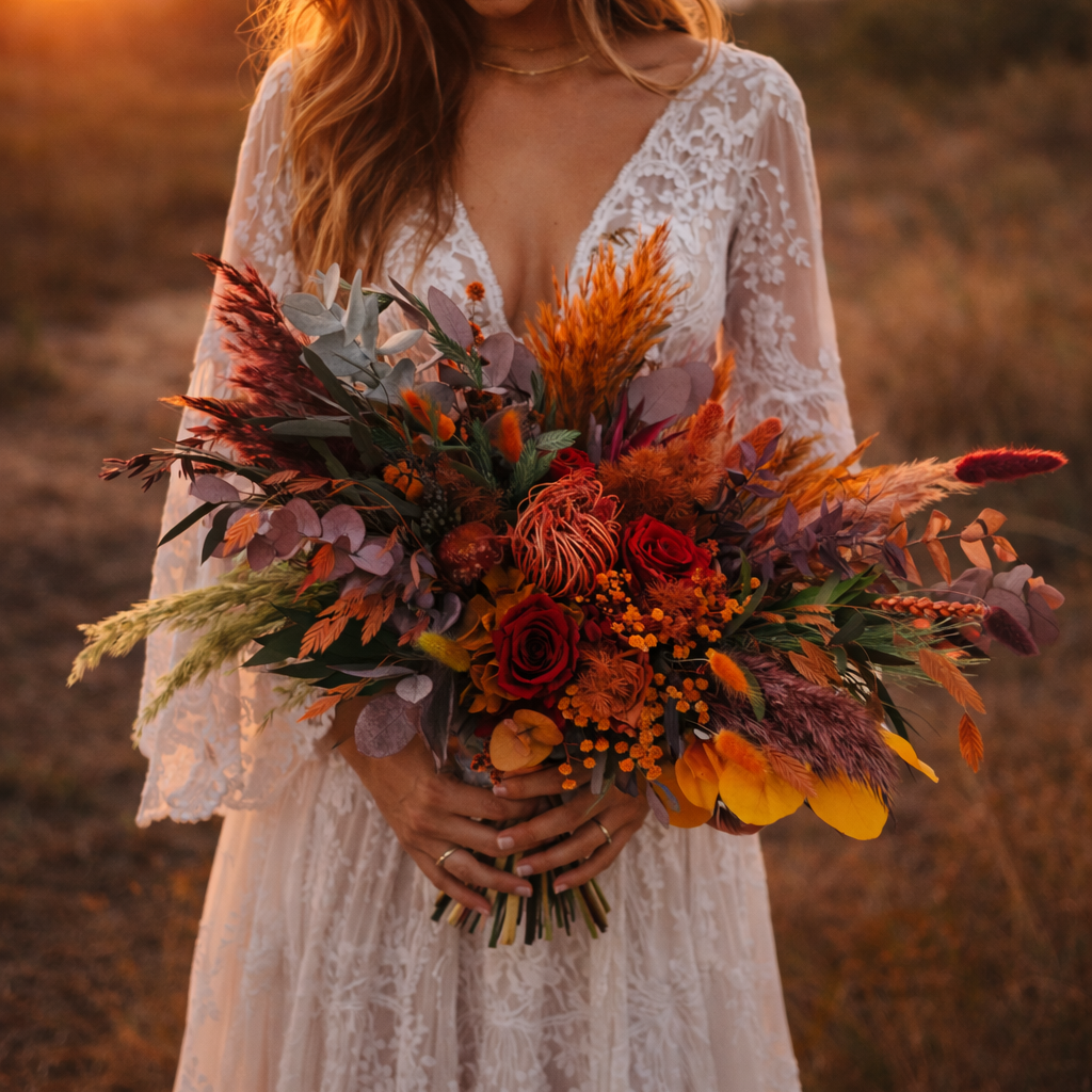 Autumn Sunset bridal bouquet with terracotta roses, burnt orange dried flowers and preserved foliage in warm autumn tones