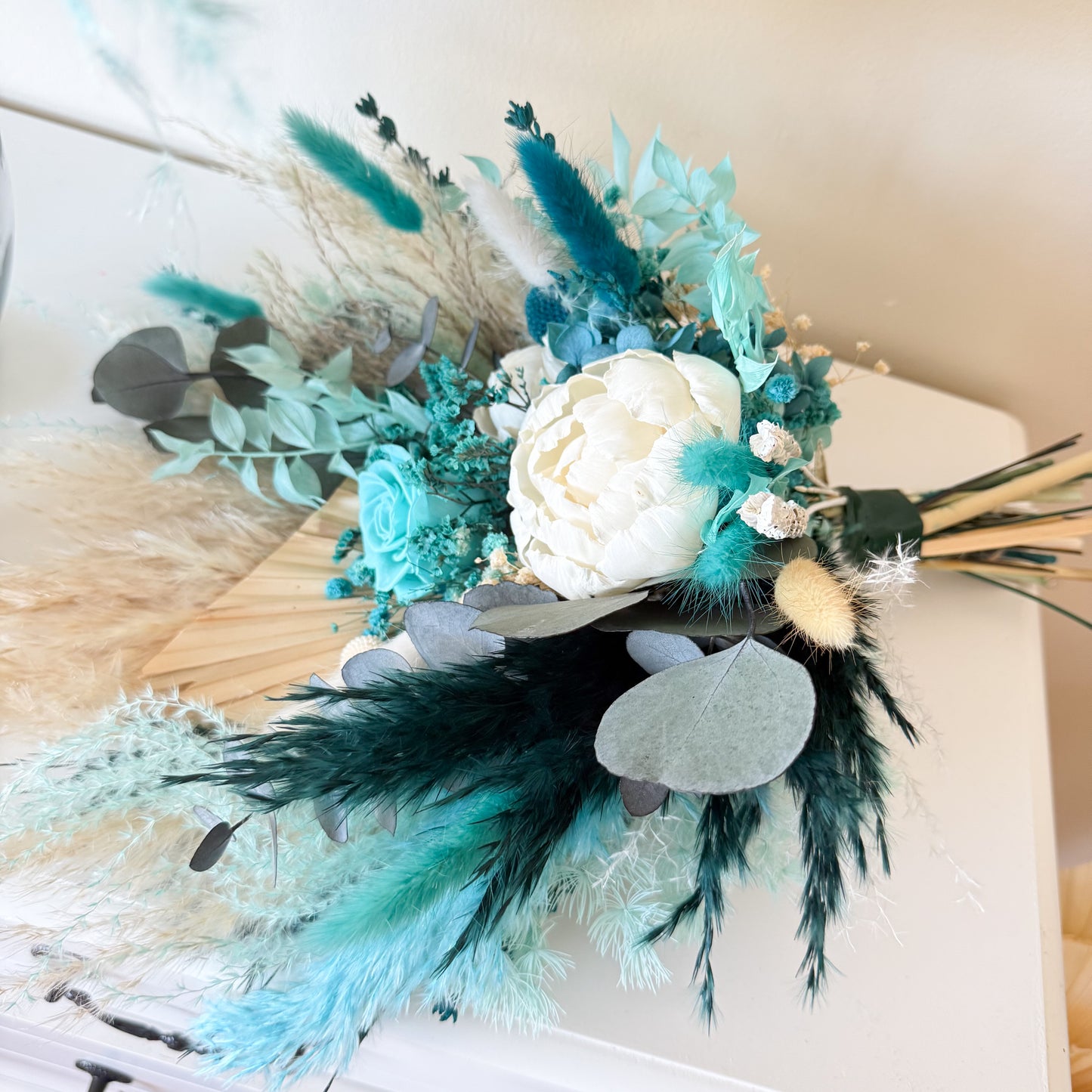 Teal and Aqua Boho Bridal Bouquet with Sola Peony and Rose