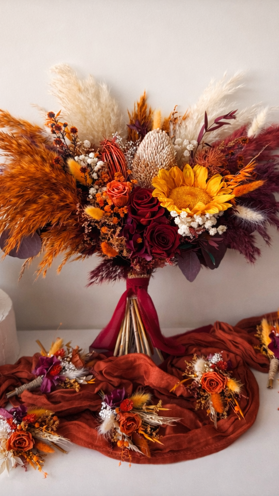 Autumn Burgundy & Ivory Preserved Roses Bouquet with Sunflower