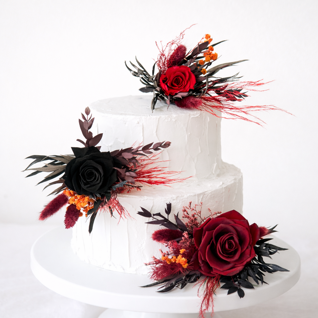 Decorative cake with red and black roses on a white background