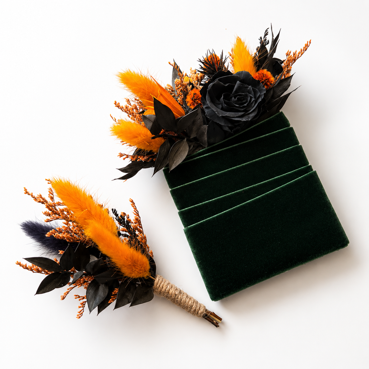 orange and black boutonniere with dried flowers 