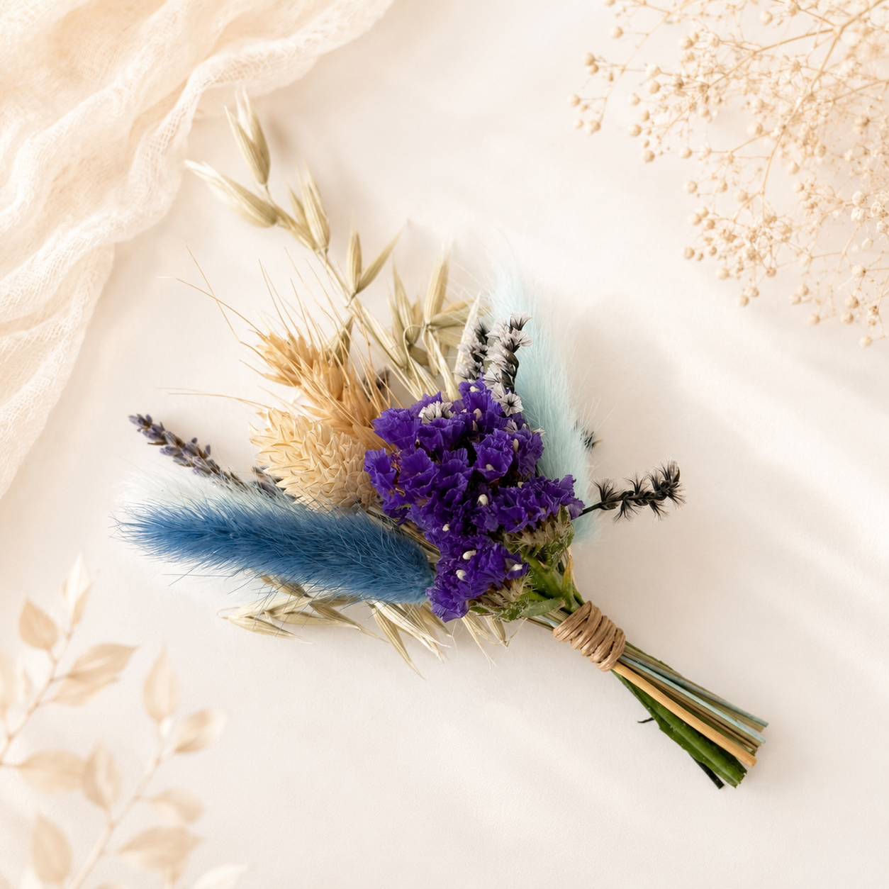 Blue and purple mini dried flower bouquet with preserved flowers, handmade for wedding favours, bridesmaid gifts and keepsakes
