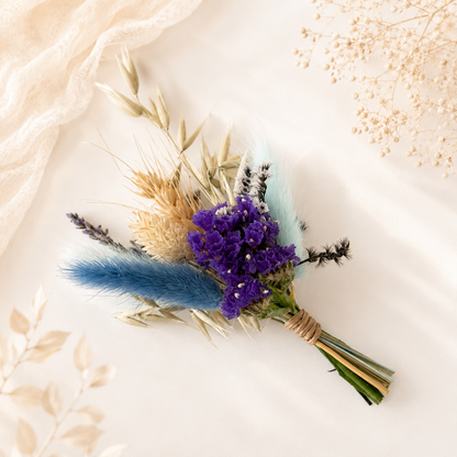 Blue and purple mini dried flower bouquet with preserved flowers, handmade for wedding favours, bridesmaid gifts and keepsakes