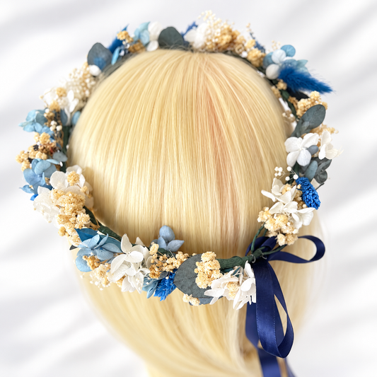 Blue and ivory dried flower crown with preserved hydrangea and eucalyptus, lightweight bridal headpiece with navy ribbon tie