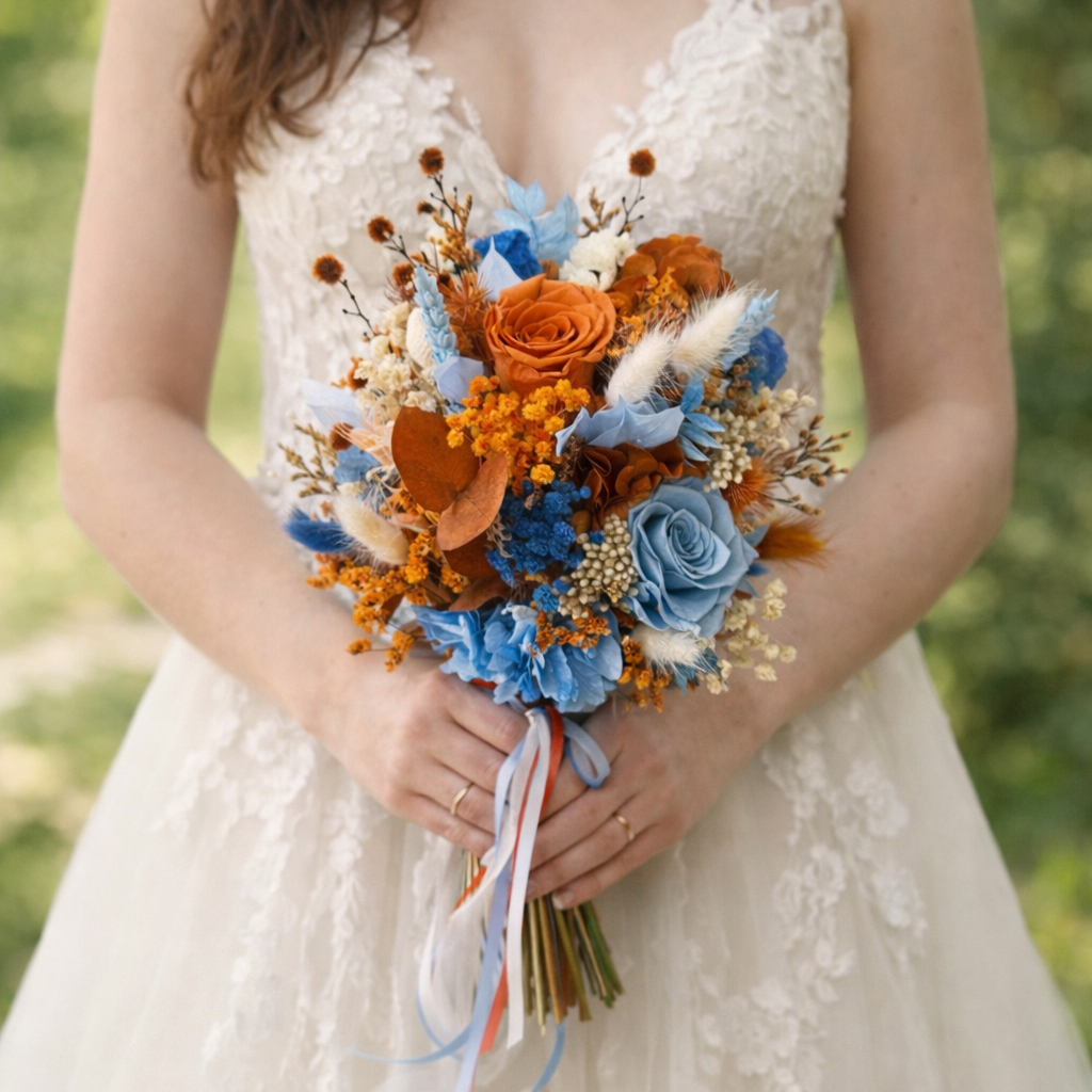Bride holding a rustic burnt orange and blue bouquet of flowers 