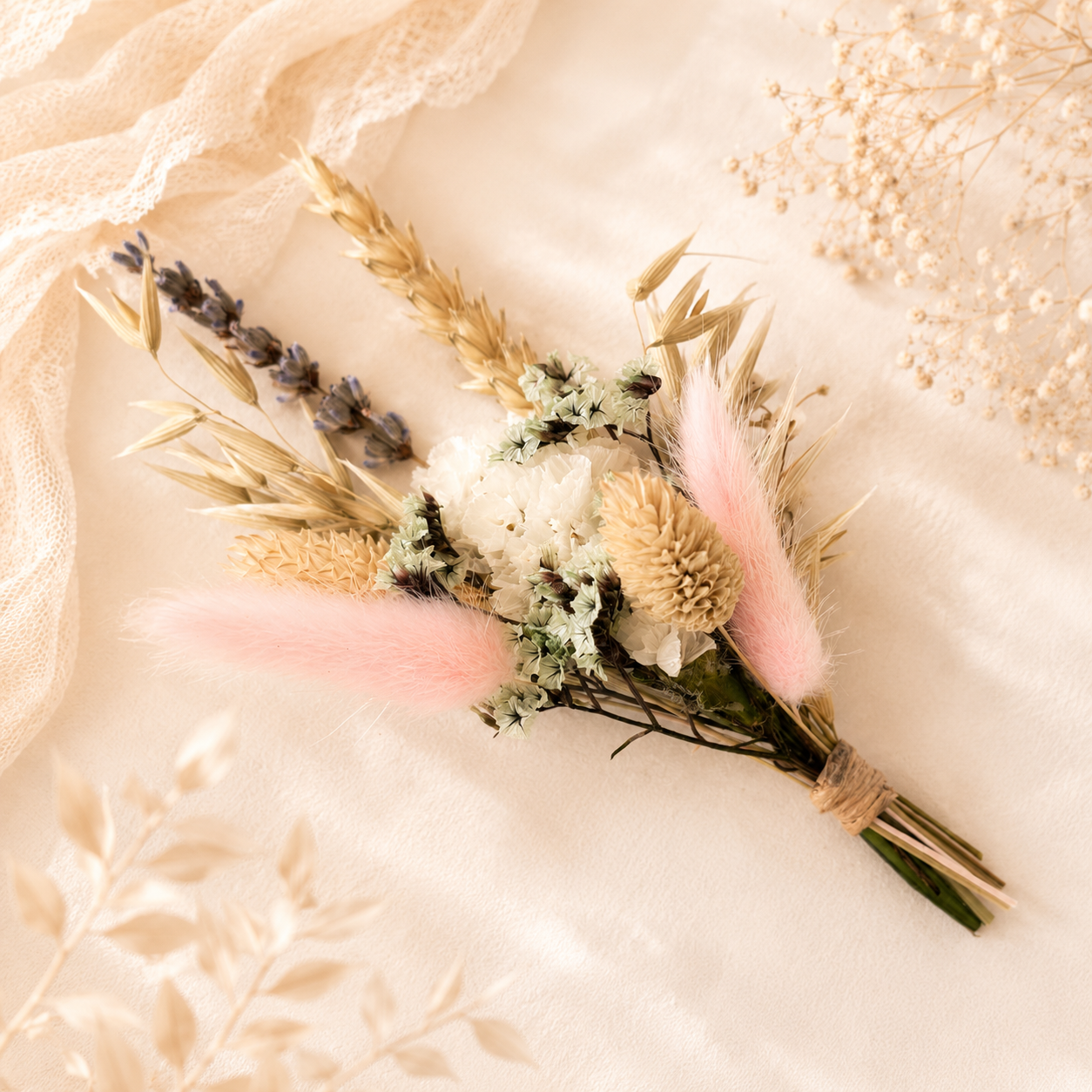 Blush and ivory mini dried flower bouquet with preserved flowers for bridal shower gifts, wedding favours and bridesmaid proposal boxes.