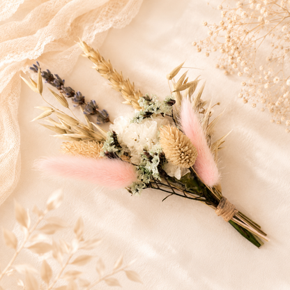 Blush and ivory mini dried flower bouquet with preserved flowers for bridal shower gifts, wedding favours and bridesmaid proposal boxes.