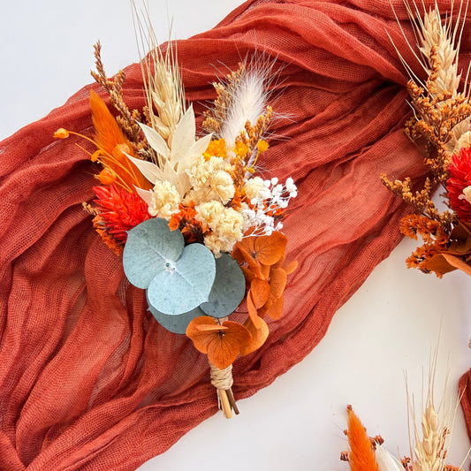 Bohemian wedding boutonniere, eucalyptus leaf dry rose groom boutonniere, burnt orange white yellow best man boutonniere